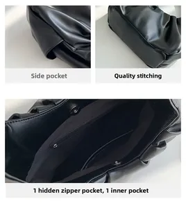 Detail view of black PU leather cloud bag showing inner pockets and soft pleated texture