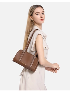 Brown leather underarm bag with white stitching and adjustable double shoulder straps