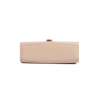 Detail view of the semicircular handbag base with premium leather stitching and gold lock