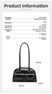 Detail view of glossy oil wax leather bag with dual front pockets and dimensions