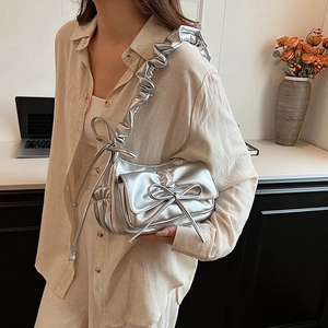 Women Trendy Pleated Underarm Shoulder Bag High Gloss PU Leather Bowknot Cloud Bag Stylish Urban Versatile Handbag