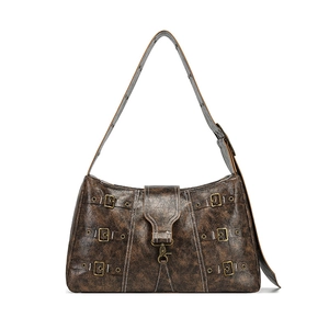 Vintage Punk PU Leather Large Tote Bag For Women Retro Distressed Shoulder Bag With Metal Buckles Wide Strap Handbag