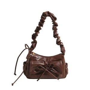 Deep brown ruched cloud shoulder bag with large bow and scrunchie handle details