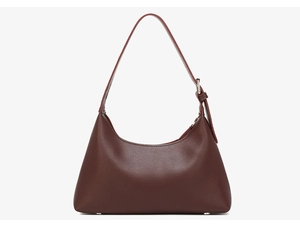 Detail shot of the durable silver-tone metal buckle and adjustable leather bag strap