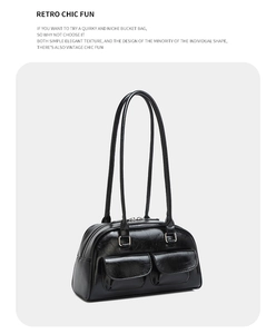 Detailed view of black oil wax leather bowling bag with vintage front pockets and silver hardware