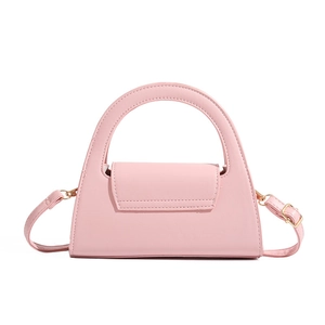 Detail of light pink mini handbag with iconic arched handle and gold metal hook