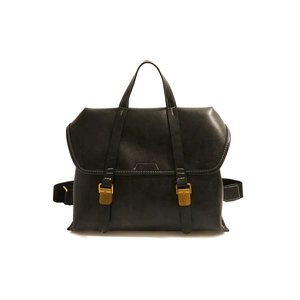Retro black leather backpack with white stitching and gold buckles for casual wear