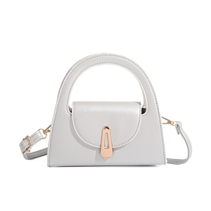 Front view of light gray semi-circle handbag with golden clasp and slim shoulder strap