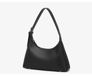 Detail view of black hobo bag showing silver buckle and premium leather texture