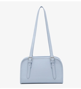 Front view of light blue leather underarm bag with adjustable double shoulder straps