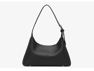 Detail of black hobo bag showing matte leather texture, zipper, and silver base rivets
