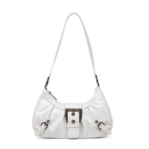 Minimalist white faux leather shoulder bag with buckle details and vintage hardware