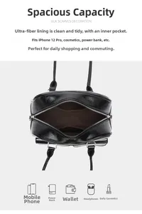 Detail view of the spacious inner compartment and microfiber lining in the leather handbag