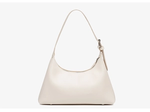 Detailed view of off-white faux leather underarm bag with silver buckle and studs