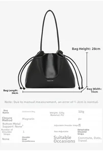 Detaillierte Größentabelle mit Maßen von 34cm Länge und 28cm Höhe für schwarze PU-Beuteltasche