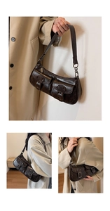 Three-way view of retro dark brown crescent bag showing shoulder and handheld styles