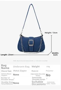 Tableau des tailles du sac en denim avec dimensions 23x13x6cm et détails de la chaîne