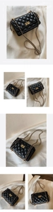 Détail macro du sac à bandoulière matelassé noir avec fermoir doré et bandoulière