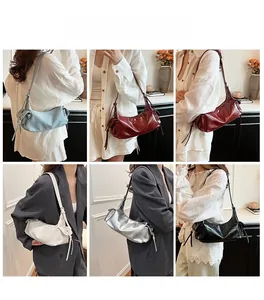 Collage of chic leather crescent underarm bags in five colors styled on models