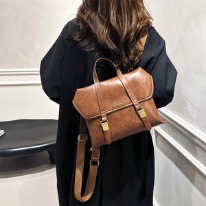 Vintage British Style PU Leather Backpack Women Large Capacity Preppy School Bag Trendy Handbag Fashion Commuter Shoulder Bag