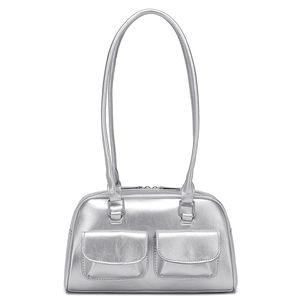 Metallic silver oil wax leather bowling bag with front pockets and Y2K aesthetic