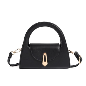 Minimalist black leather half-round handbag with gold buckle and top handle
