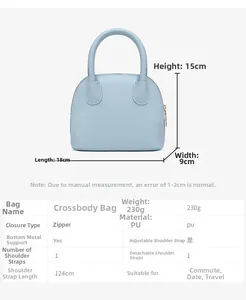 Detailed view of light blue shell bag with dimensions 18x15x9cm and PU leather texture