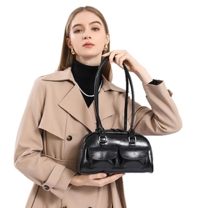 Women Urban Minimalist PU Leather Bowling Bag Multi-pocket Underarm Shoulder Bag Vintage Solid Color Commuting Handbag