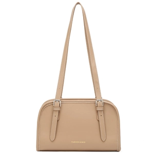 Minimalist beige leather shoulder bag with adjustable straps and fashion lettering