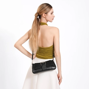 Fashionable black crocodile pattern underarm baguette bag with silver metal buckle