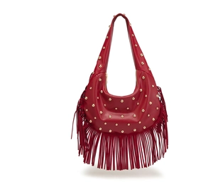 Detailed view of red fringe shoulder bag with golden rivets and smooth leather finish