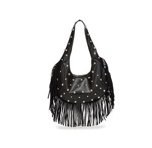 Detailed view of black motorcycle bag featuring long fringe and gold stud hardware