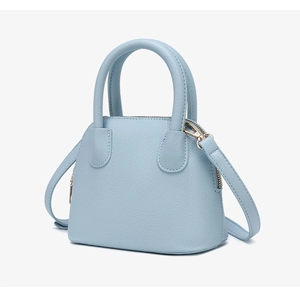 Close-up of light blue shell bag featuring litchi texture and gold zipper detail
