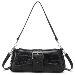 Classic black crocodile pattern baguette bag with silver buckle and adjustable strap