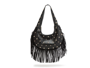 Detail of black Hobo bag featuring gold studs and long leather tassels in rocker style