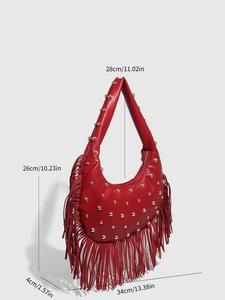 Detailed size chart of red tassel shoulder bag with golden studs and metal dimensions