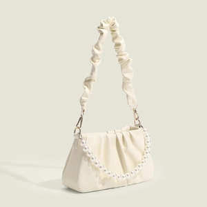 Elegant cream pleated cloud bag with pearl chain and ruched handle for fashion women