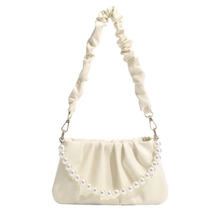 Elegant cream white pleated cloud bag with large pearl chain and soft leather texture