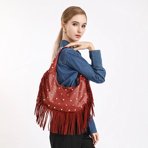 Women's Vintage PU Leather Hobo Shoulder Bag With Tassels And Gold Rivets Bohemian Punk Style Fashion Handbag Single Strap Bag