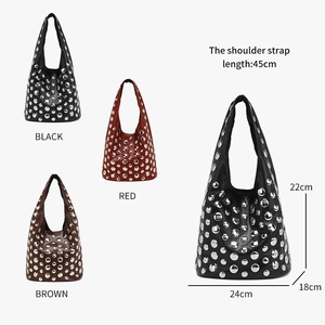Detailed size specifications for studded tote bags in black, red, and brown colors