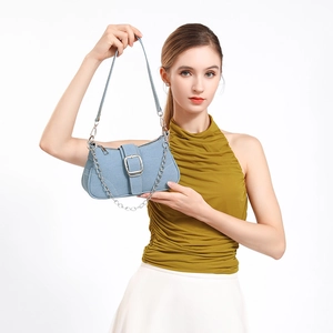 Sac Sous le Bras en Toile Denim Rétro pour Femmes Sac à Épaule Décontracté Avec Boucle Métallique Chaîne Petit Sac Baguette Hobo