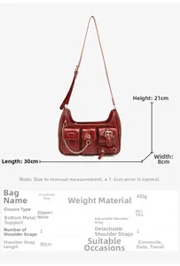 Detaillierte Größentabelle für dunkelrote PU-Leder Umhängetasche mit Multi-Taschen