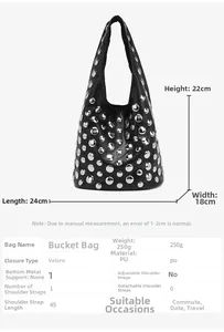Detailed size specifications for the black PU tote bag with silver metal studs