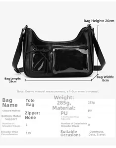 Detailed size chart for black PU shoulder bag showing 29cm x 20cm x 8cm dimensions
