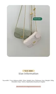 Detail of quilted V-pattern chain bags in bean green and cream white with metal turn-lock