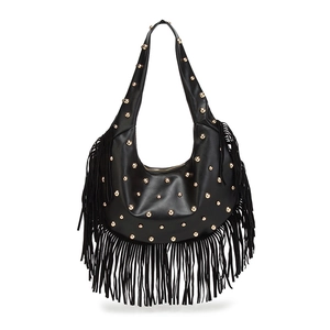 Retro black hobo bag with gold studs and long leather tassels in a minimalist style