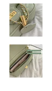 Detail of light green quilted crossbody bag with golden chain and spacious interior
