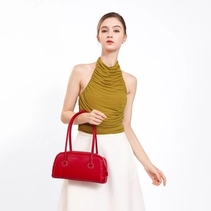 Minimalist red Boston leather handbag with white decorative stitching and top handles
