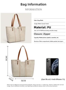Detailed size chart of the large PU leather tote bag with smartphone capacity comparison