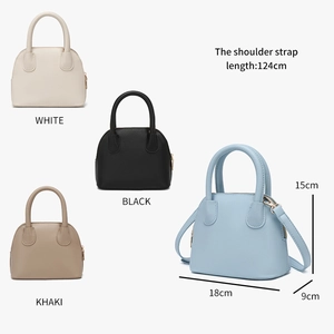 Detailed view of four textured mini shell bags with specific size labels in various colors